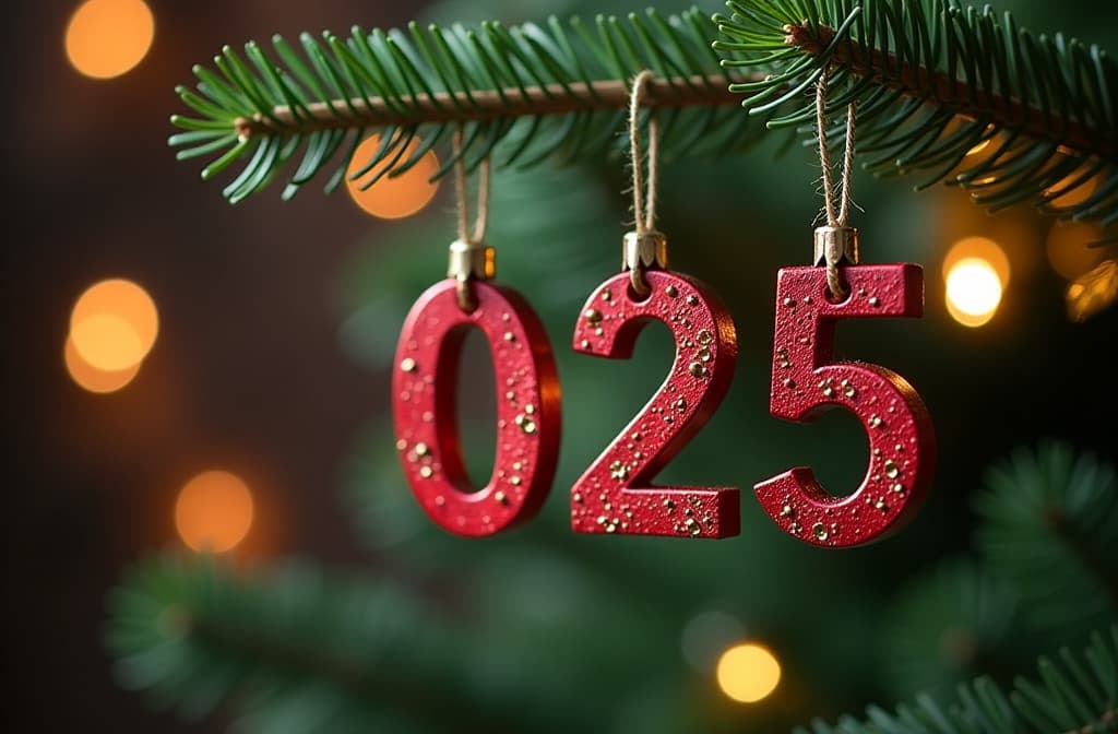  «2025» digits hanging on xmas tree branch, blurred christmas background {prompt}, maximum details