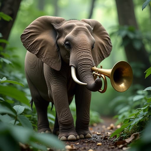  here is a short english description for the prompt:<br /> <br /> "a musical elephant named ella lives in a tropical rainforest. she plays a massive trumpet she built herself. ella's talent is discovered by a film team and her video becomes a huge success, making her a famous elephant. here's a video of ella playing her trumpet: [video format: mp4]", (best quality, masterpiece:1.2), ultrahigh res, highly detailed, sharp focus, (perfect image composition), hdr 8k