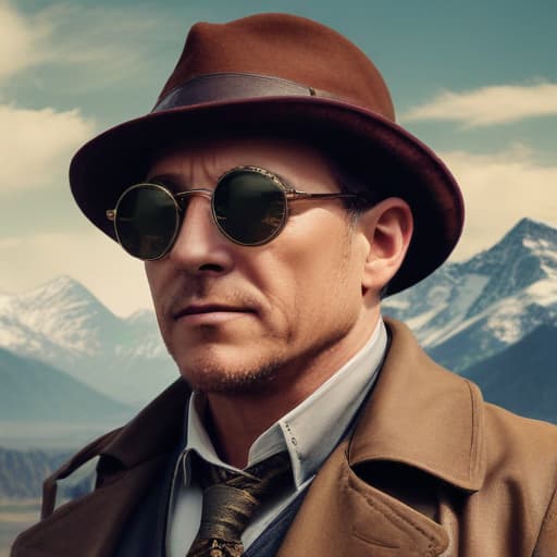 Old Reymond reddington with sunglasses in Steampunk style with Mountains background