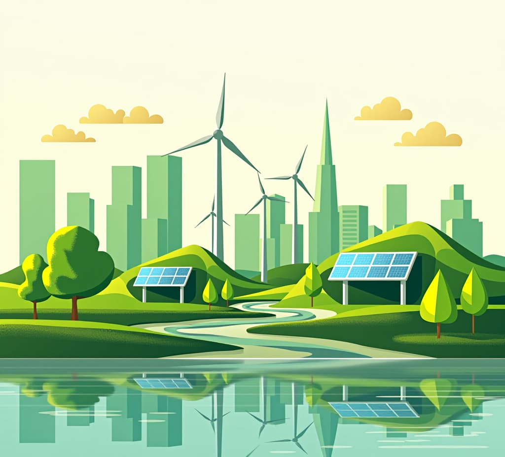  sustainability illustration set. esg, green energy, sustainable industry with windmills and solar energy panels. environmental, social, and corporate governance concept