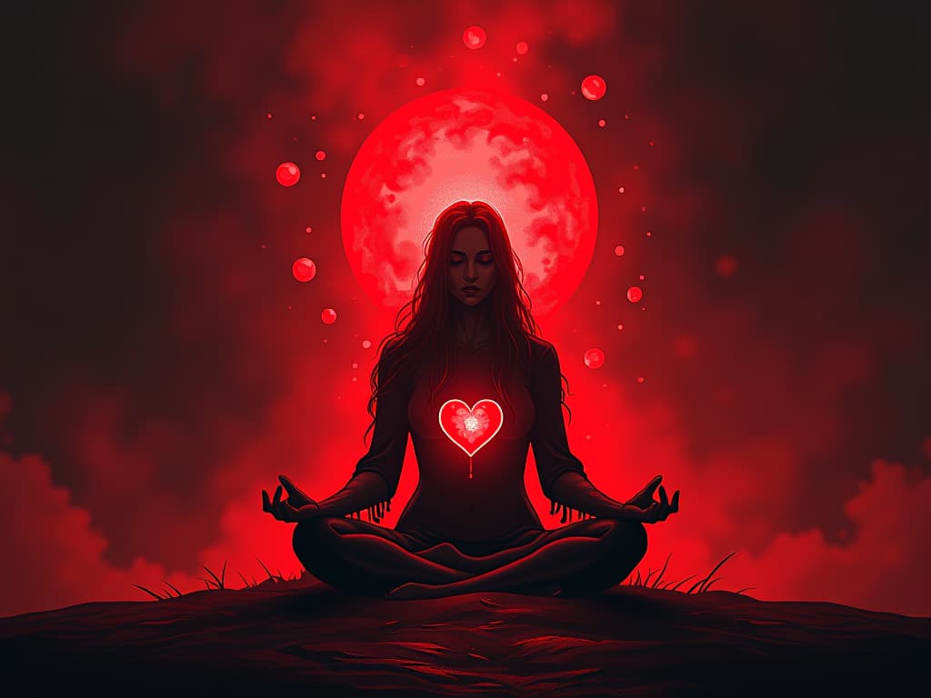  meditating figure in red, sudden glow around heart, warmth and serenity. the style is digital art illustration / modern comic book / graphic dark novel fantasy and mysterious occult, symbolic, moody lighting, esoteric vibe,high detail on character design. for the color scheme emphasize blacks and reds.