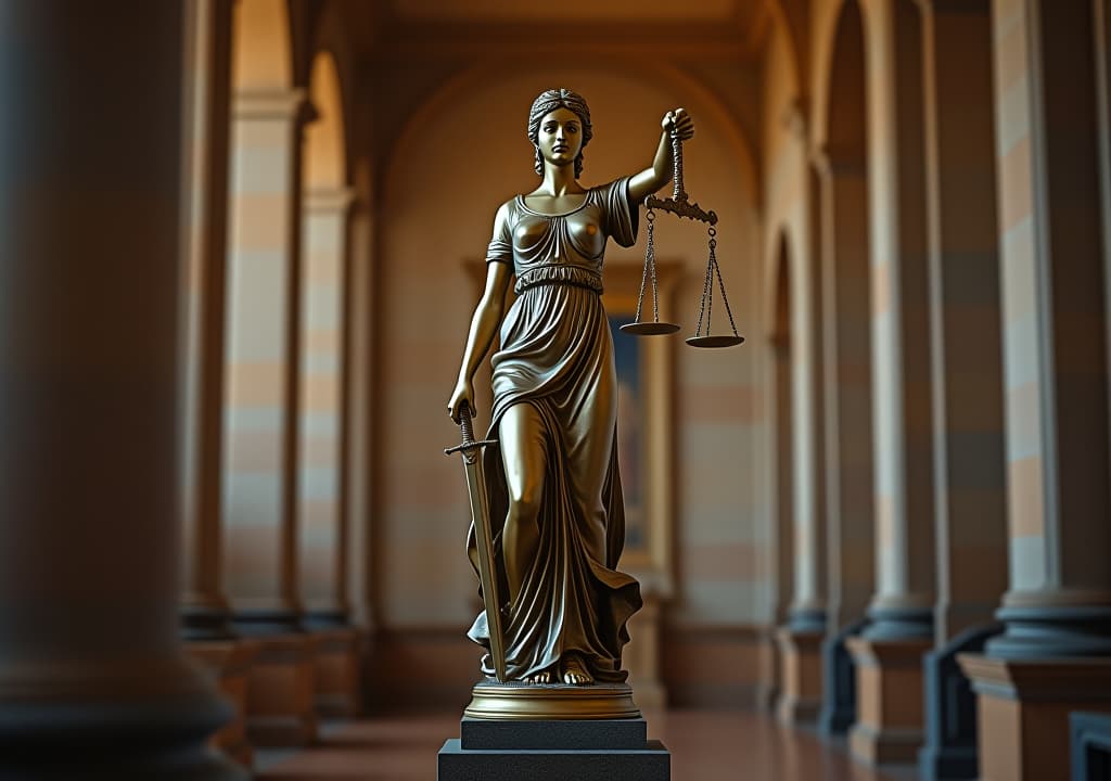  statue of justice in a grand hall a symbol of law and fairness, the blindfolded lady justice stands tall with scales and sword, embodying the impartiality of the judiciary