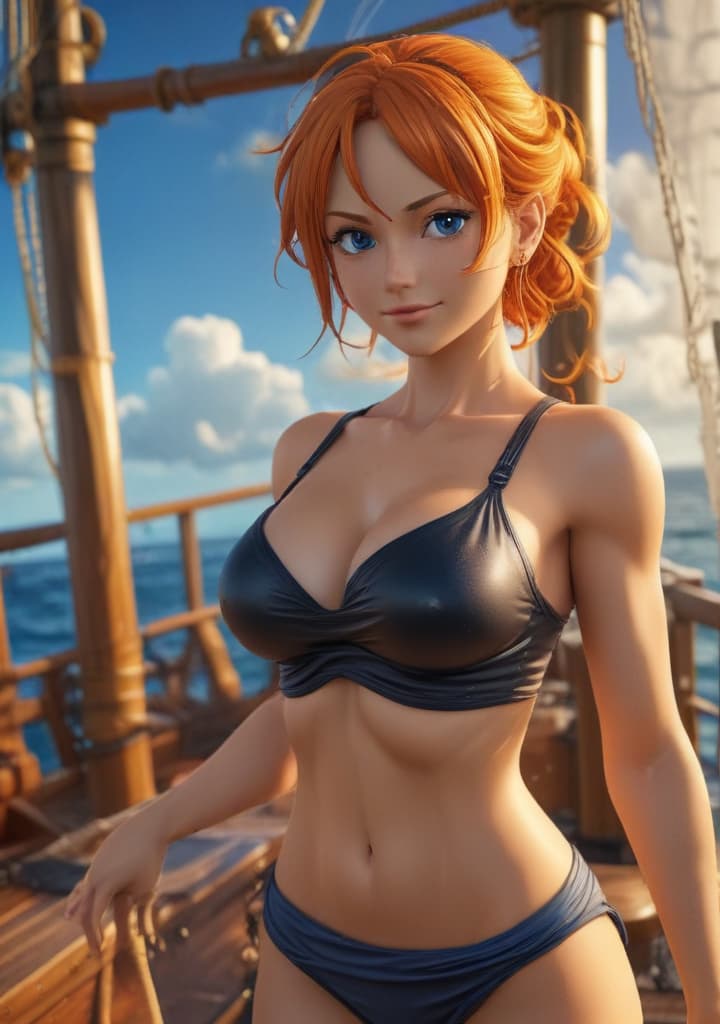 Nami in One Piece anime thats on the ship of sunny going highly detailed,studio lighting,professional,vivid colors, cinematic lighting, HDR, UHD, 4K, 8k, 64K