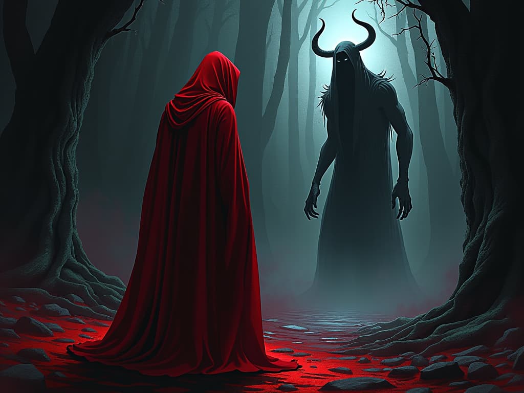  malevolent spirit in red shroud, turning away from ethereal apparition, fear and avoidance in its posture. the style is digital art illustration / modern comic book / graphic dark novel fantasy and mysterious occult, symbolic, moody lighting, esoteric vibe,high detail on character design. for the color scheme emphasize blacks and reds.