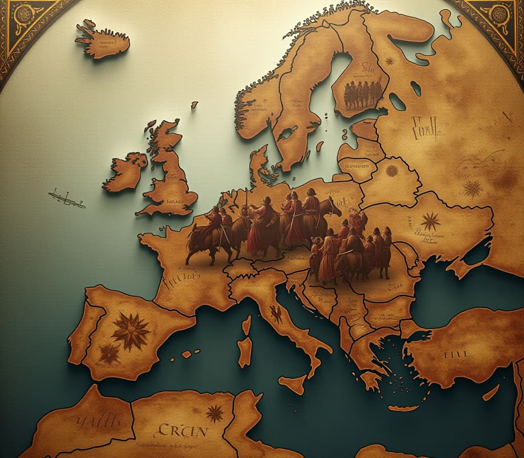  renaissance style (masterpiece, 8k, uhd, photorealistic:1.3), ancient map of europe, (double exposure effect:1.3), ethereal army dissolving into the surface of the map, (mystical aura:1.2), multi layered image with soft blur, dissolving visual effects, intricate patterns swirling around, surreal atmosphere, (fantasy elements:1.3), dynamic composition, top view, mixing reality with imagination, rich textures and layers, mesmerizing artwork. . realistic, perspective, light and shadow, religious or mythological themes, highly detailed hyperrealistic, full body, detailed clothing, highly detailed, cinematic lighting, stunningly beautiful, intricate, sharp focus, f/1. 8, 85mm, (centered image composition), (professionally color graded), ((bright soft diffused light)), volumetric fog, trending on instagram, trending on tumblr, HDR 4K, 8K