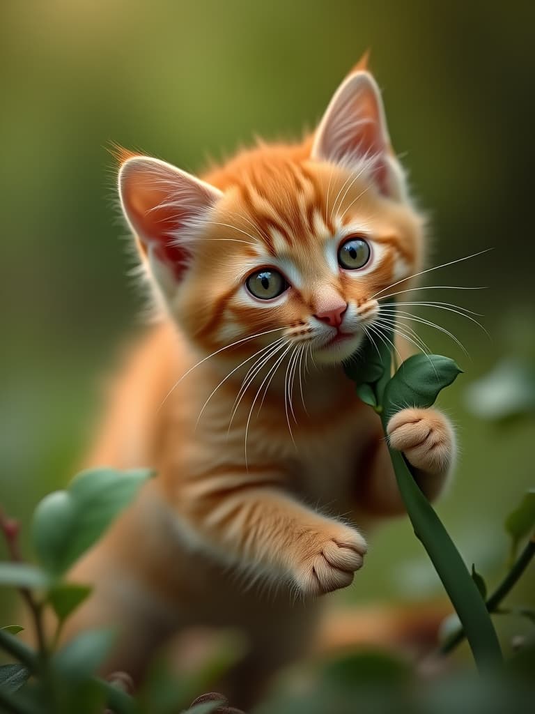  the orange kitten ran to the rabbit, whose leg was tangled in the vine. using its agile paws, the orange kitten bit through the vine. photo realistic, highly intricate and detailed, masterpiece, ultra high res,photography,8k resolution