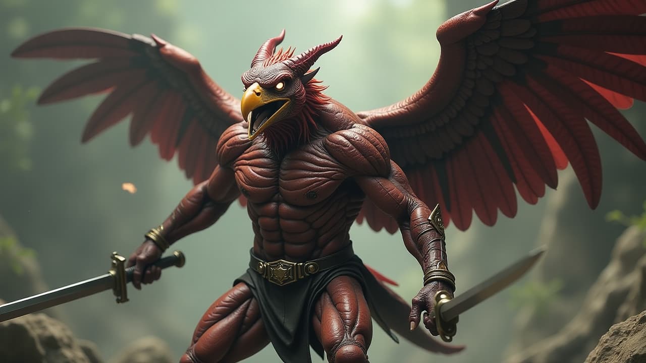  hyperrealistic art hybrid muscular mutant bird warrior with two swords looking angrily with shining eyes, extremely high resolution details, photographic, realism pushed to extreme, fine texture, incredibly lifelike