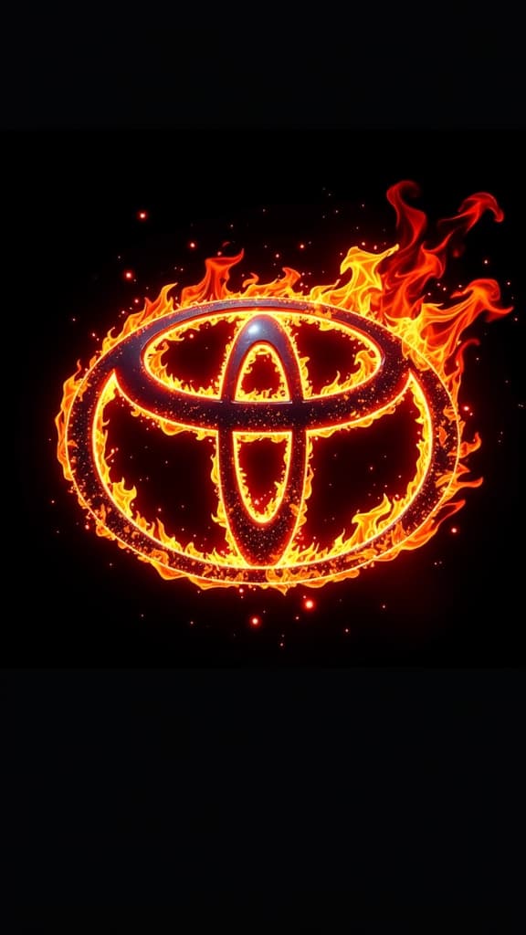  a dynamic representation of the toyota logo, set ablaze with fiery orange and red flames, against a stark black background. the flames should flicker and dance around the logo, highlighting its iconic shape while exuding an intense and captivating energy.