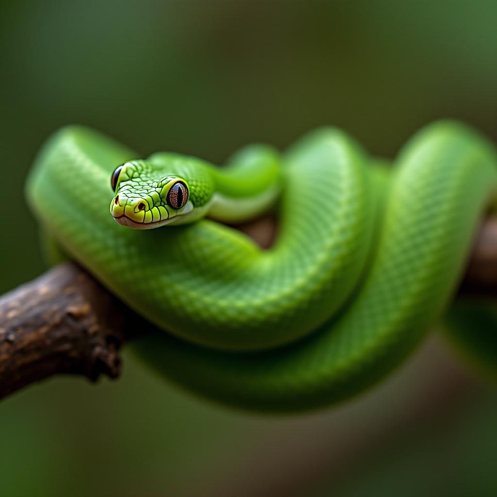  a little green snake coiled around a twig.