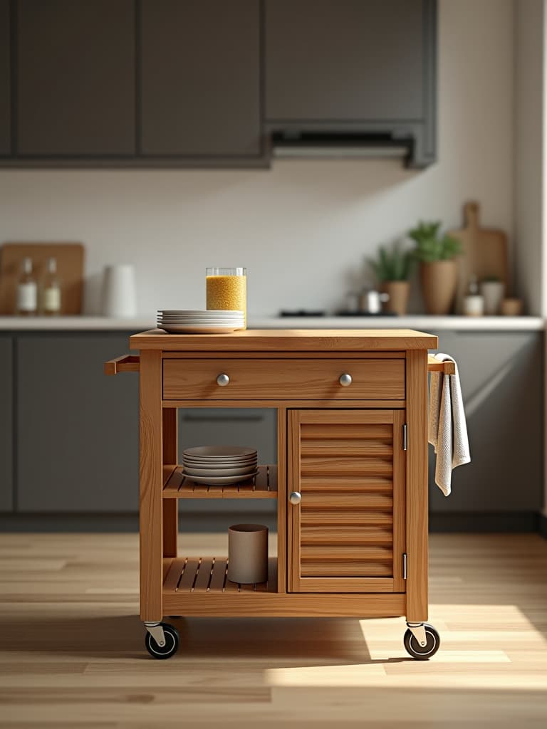  high quality portrait photo of a small kitchen island on wheels with a butcher block top, featuring built in storage compartments and a fold out breakfast bar, set against a minimalist kitchen backdrop hyperrealistic, full body, detailed clothing, highly detailed, cinematic lighting, stunningly beautiful, intricate, sharp focus, f/1. 8, 85mm, (centered image composition), (professionally color graded), ((bright soft diffused light)), volumetric fog, trending on instagram, trending on tumblr, HDR 4K, 8K