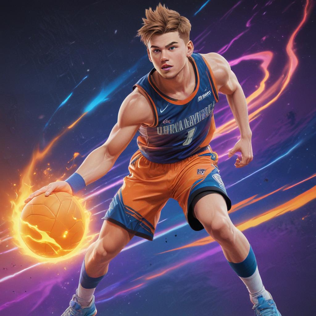 distance-shot, flashy, full-body, dynamic, holographic, animated cartoon poster of luka doncic in the style of dragon ball super