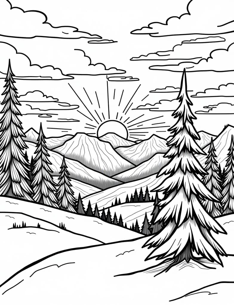  this is for an adult coloring page. a detailed black and white line art of a snowy winter sunrise over a snow covered valley on a solid white background.