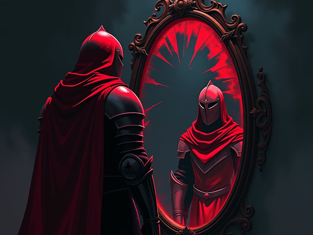  knight in red armor, before a broken mirror, looking at a distorted reflection, aura of humbling realization. the style is digital art illustration / modern comic book / graphic dark novel fantasy and mysterious occult, symbolic, moody lighting, esoteric vibe,high detail on character design. for the color scheme emphasize blacks and reds.