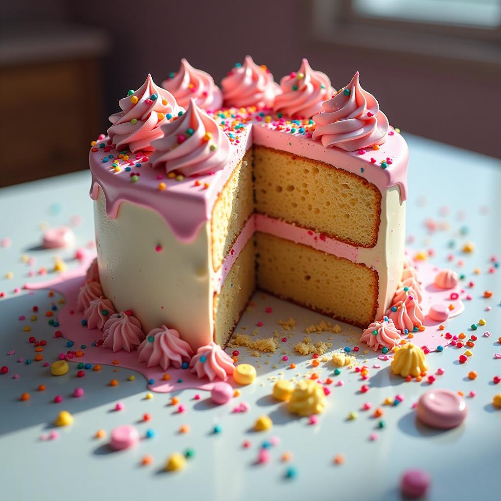  a vividly detailed hyper realistic image of a smashed birthday cake, with vibrant frosting splattered on a table. the scene captures remnants of colorful sprinkles scattered around, shards of cake crumbling at the edges, and frosting smeared across the surface. the lighting reveals glossy textures and glossy reflections, emphasizing the chaos of a once celebratory dessert.