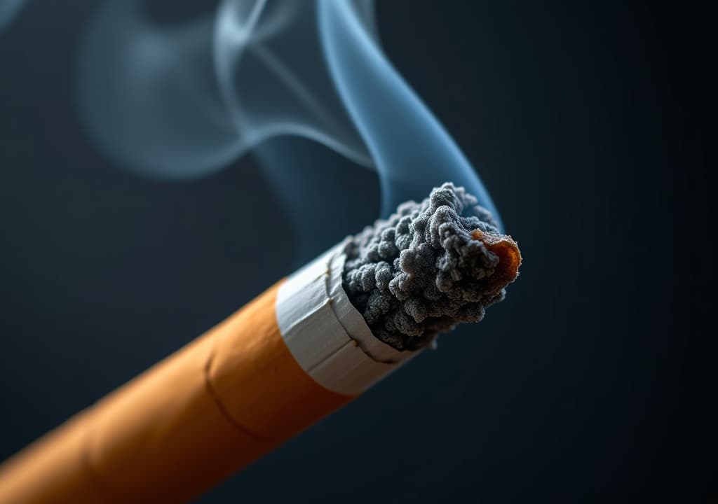  close up of a burning cigarette, with smoke and ash particles against a background, anti smoking initiatives, and public health promotions.