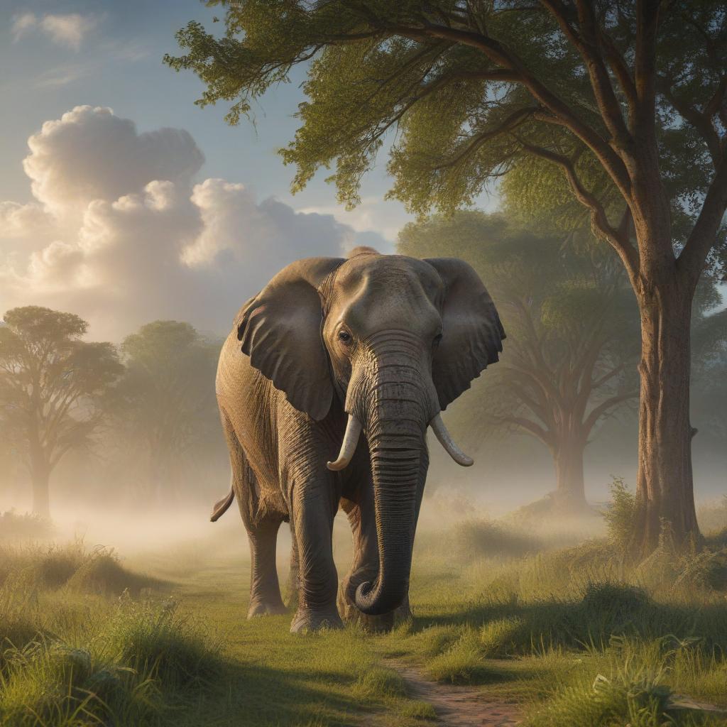 ((masterpiece)),(((best quality))), 8k, high detailed, ultra detailed, An elephant taking a walk, elephant, trees, grassy field, clouds in the sky hyperrealistic, full body, detailed clothing, highly detailed, cinematic lighting, stunningly beautiful, intricate, sharp focus, f/1. 8, 85mm, (centered image composition), (professionally color graded), ((bright soft diffused light)), volumetric fog, trending on instagram, trending on tumblr, HDR 4K, 8K