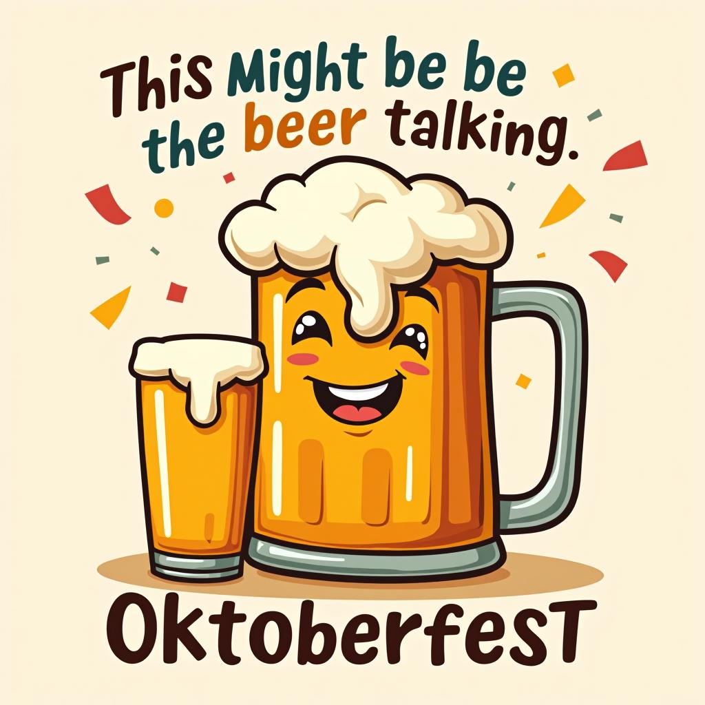  whimsical 'this might be the beer talking, but i love beer!' in animated font with smiling beer mug and festive confetti. place the word oktoberfest at the bottom of the image