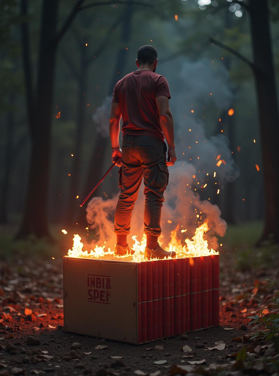  standing on a box full of dynamite sticks, high quality, high details, hd, perfect composition, 4k epic detailed, highly detailed, sharp focus, high resolution