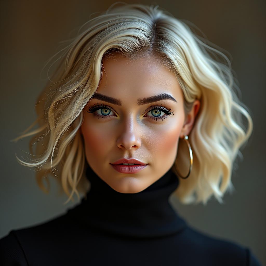  make an image of a short haired blonde woman with a turtleneck and egyptian eyes