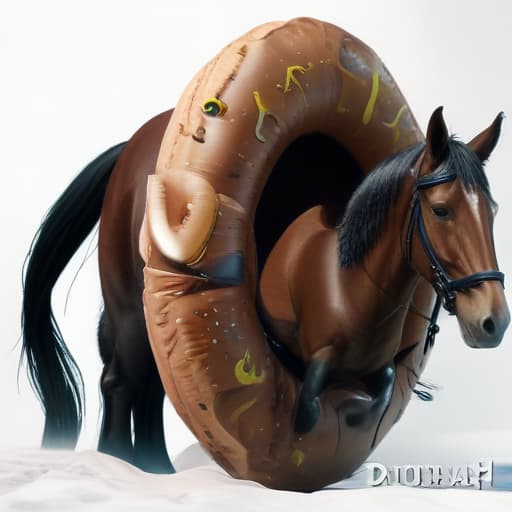 a horse is stuck in a swim inflatable ring hyperrealistic, full body, detailed clothing, highly detailed, cinematic lighting, stunningly beautiful, intricate, sharp focus, f/1. 8, 85mm, (centered image composition), (professionally color graded), ((bright soft diffused light)), volumetric fog, trending on instagram, trending on tumblr, HDR 4K, 8K