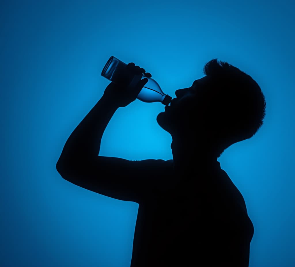  silhouette of man drinking water from a bottle on a blue background, closeup