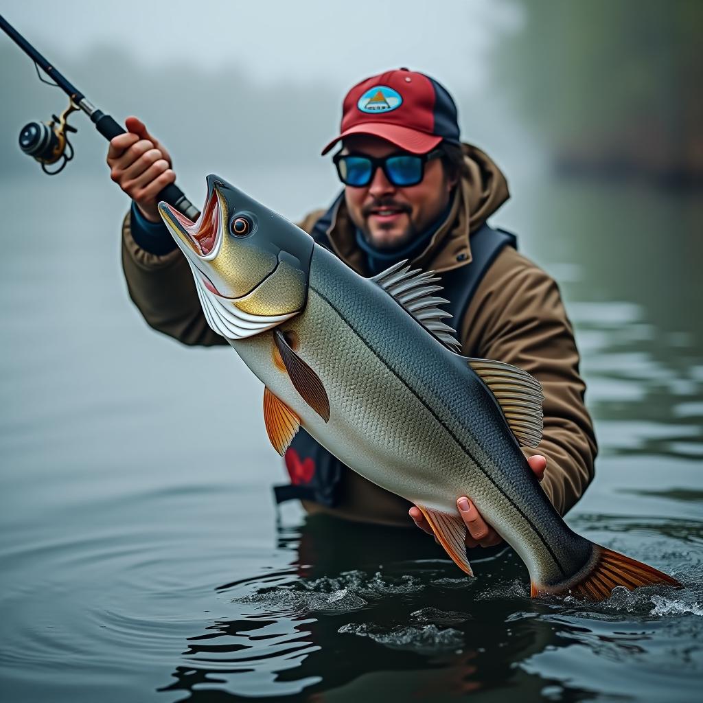  the fisherman is pulling a fish with a fishing rod.