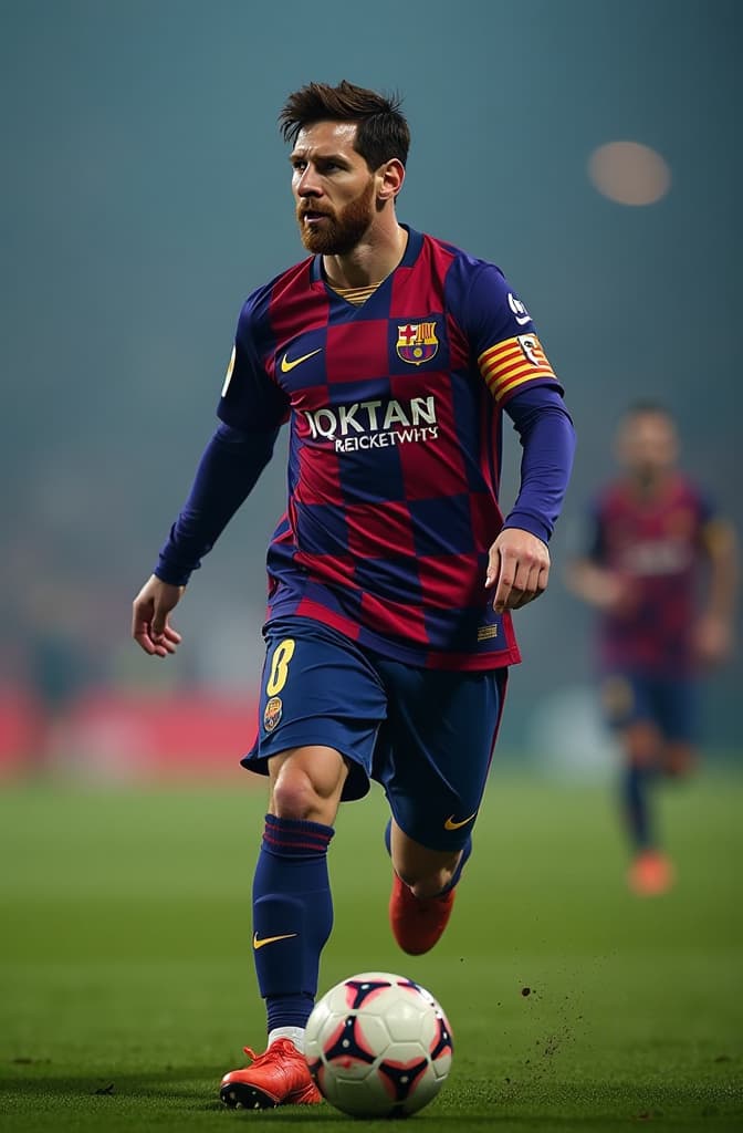  messi hyperrealistic, full body, detailed clothing, highly detailed, cinematic lighting, stunningly beautiful, intricate, sharp focus, f/1. 8, 85mm, (centered image composition), (professionally color graded), ((bright soft diffused light)), volumetric fog, trending on instagram, trending on tumblr, HDR 4K, 8K