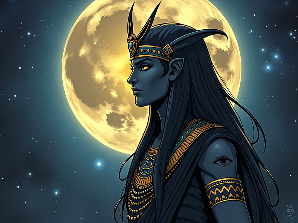  the eye of horus, glowing under the full moon, surrounded by swirling cosmos, guiding light leading the way, enhancing intuition and vision. the style is digital art illustration / modern comic book / mysterious occult, symbolic, esoteric vibe,high detail on character design, incorporating ancient egyptian symbology and attire.