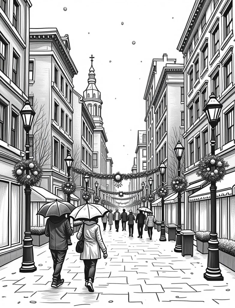  this is for an adult coloring page. a detailed black and white line art of a snowy snowy cityscape with people walking under umbrellas and holiday decorations on a solid white background.