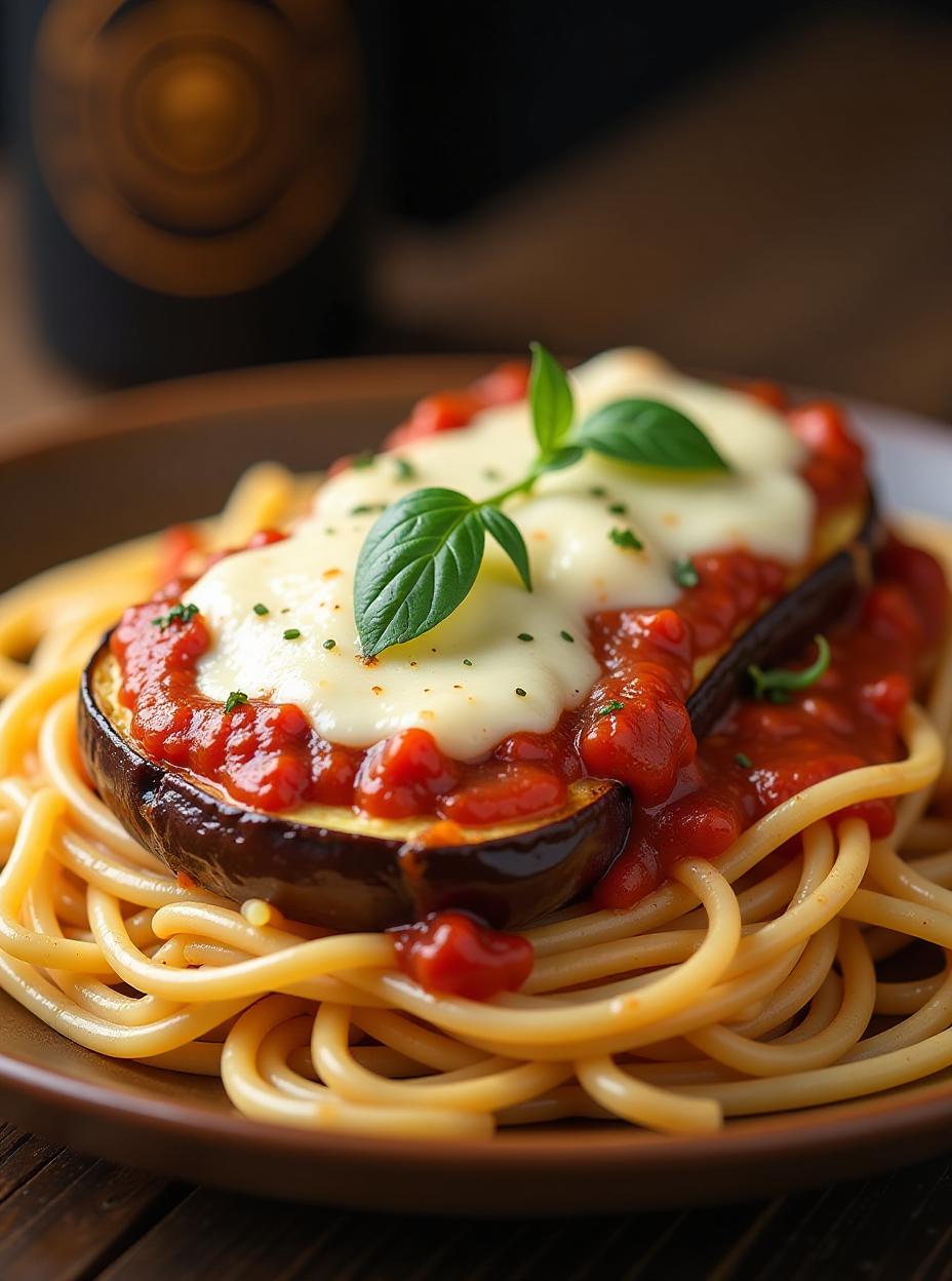  breaded and baked eggplant with marinara sauce and gooey mozzarella cheese on a bed of spaghetti, high quality, high details, hd, perfect composition, 4k epic detailed, highly detailed, sharp focus, high resolution