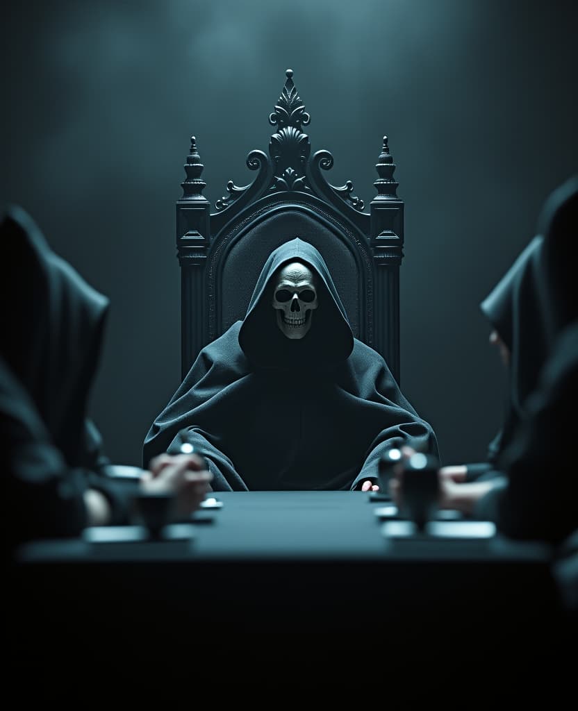  cinematic photo a creature with a skull instead of a head in a black robe with a hood sat on a black throne. his dark wizards sat down next to him at a huge black table. the meeting of darkness has begun. . 35mm photograph, film, bokeh, professional, 4k, highly detailed