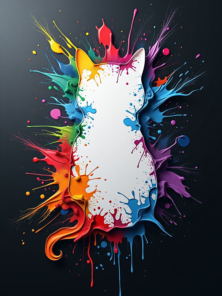  a swirl of colorful paints, abstract art dark background, dynamic angle, bright colors, paint drips, canvas in the middle, with abstract paint splashes and smudges. negative space themed, the center is a perfectly empty clean white canvas shaped like a cat hyperrealistic, full body, detailed clothing, highly detailed, cinematic lighting, stunningly beautiful, intricate, sharp focus, f/1. 8, 85mm, (centered image composition), (professionally color graded), ((bright soft diffused light)), volumetric fog, trending on instagram, trending on tumblr, HDR 4K, 8K