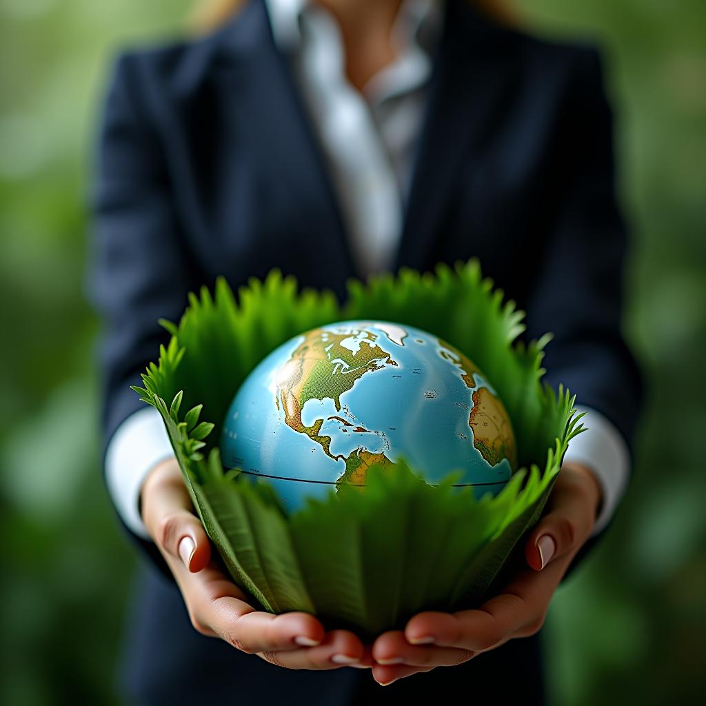  corporate professional nurturing the planet with a globe model surrounded by greenery, symbolizing sustainability and responsibility.