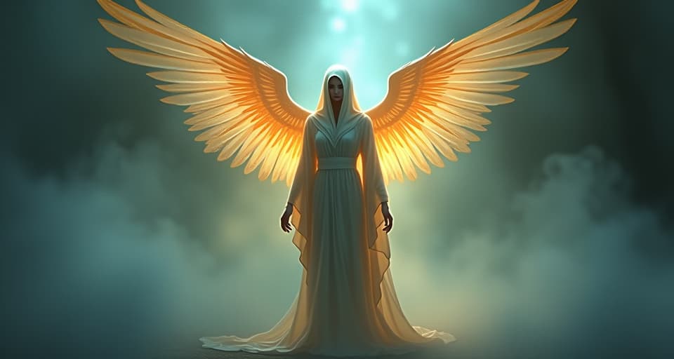  an ethereal figure in flowing, radiant robes, standing amidst mystic mists, their mirror like aura reflecting the true fears and shadows of those around them.. the style is digital art illustration,highly detailed, whimsical,magical, dreamlike atmosphere, realism and fantasy blend, smooth, glossy textures,luminous quality, wonder and enchantment.