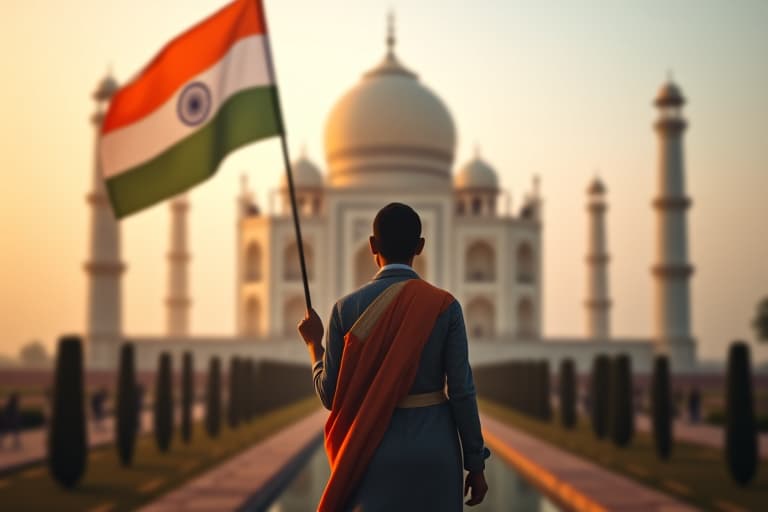  (celebrating indipendence day) indian citizen ship, ((all type of cast people in india)), holding the indan flag, taj mahal,full hd hyperrealistic, full body, detailed clothing, highly detailed, cinematic lighting, stunningly beautiful, intricate, sharp focus, f/1. 8, 85mm, (centered image composition), (professionally color graded), ((bright soft diffused light)), volumetric fog, trending on instagram, trending on tumblr, HDR 4K, 8K