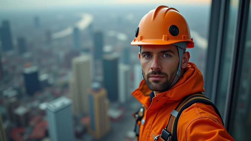  cinematic photo realistic image, beautiful manly face of industrial climber in orange jumpsuit, helmet, standing on a high skyscraper overlooking the city of st. petersburg, high resolution, 4k ultra hd . 35mm photograph, film, bokeh, professional, 4k, highly detailed