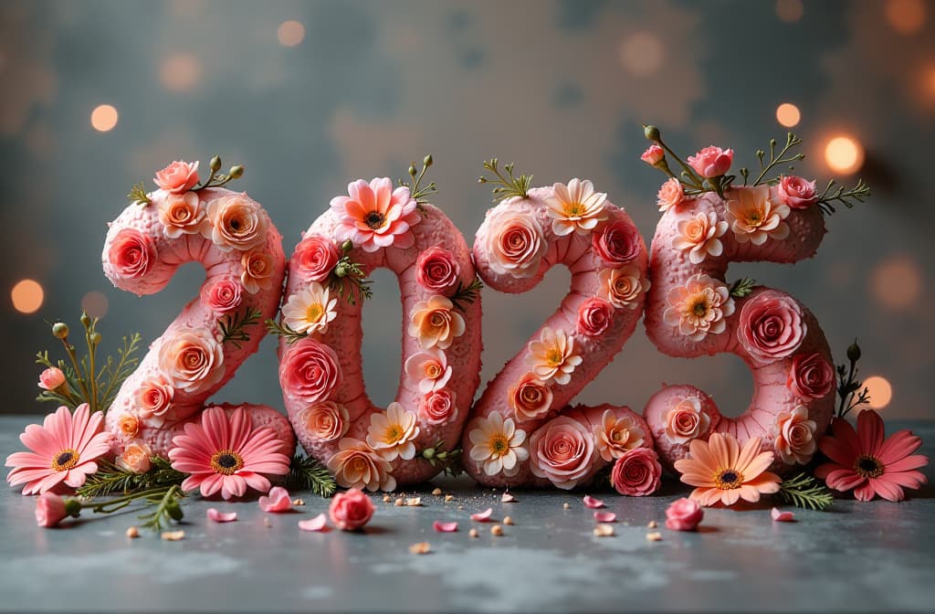  professional detailed photography, front view, flower arrangement in the shape of the letter "2025", festive background , (muted colors, dim colors, soothing tones), (vsco:0.3)