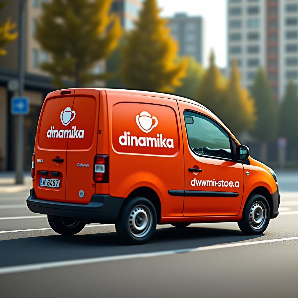  the largus car with the "dinamika" store logo and the text: "free delivery within the city starts on september 1. we deliver orders from 10:00 am to 7:00 pm. you can pay for the goods on the website or to the courier via the acquiring terminal!"