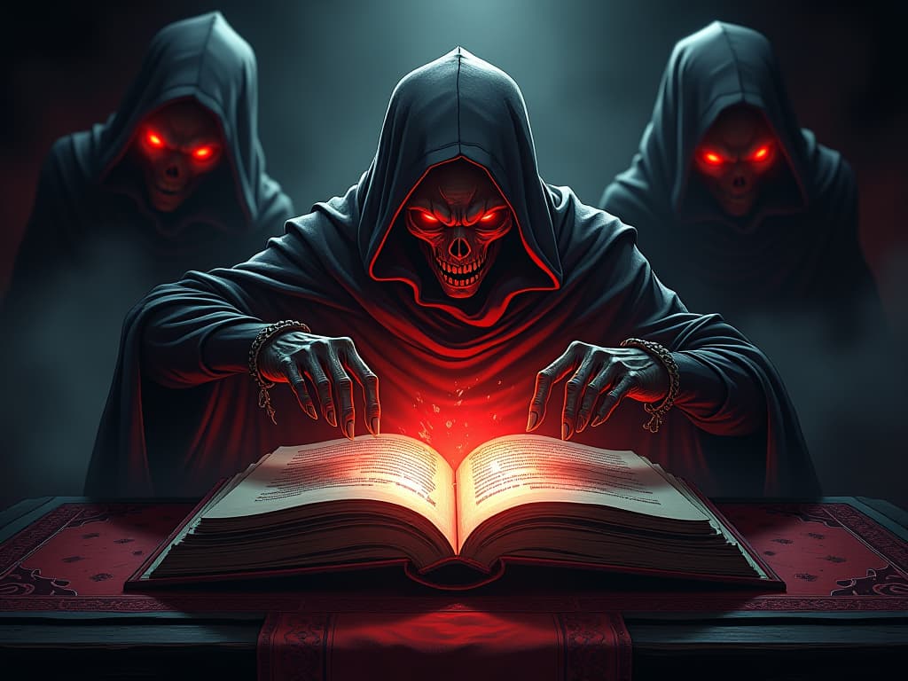  ancient journal, pages turning by themselves, glowing with spectral light, surrounded by mournful spirits. the style is digital art illustration / modern comic book / graphic dark novel fantasy and mysterious occult, symbolic, moody lighting, esoteric vibe,high detail on character design. for the color scheme emphasize blacks and reds.