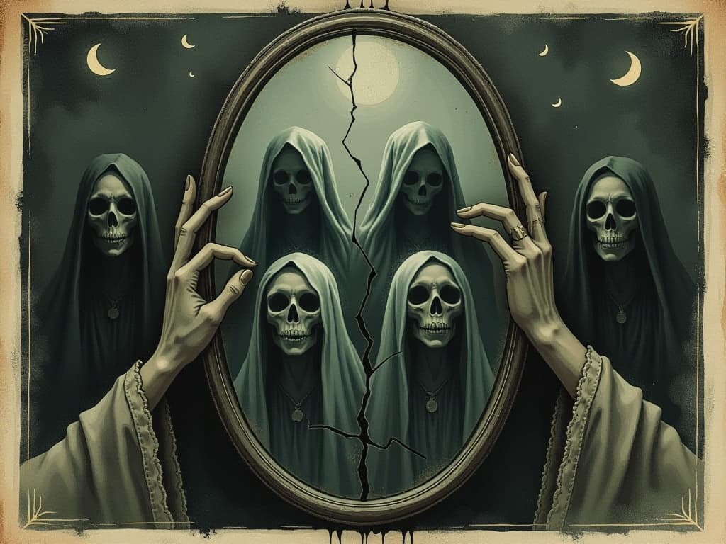  distorted reflections in a cracked mirror, images warped, hazy shadows in the background, sense of disarray. an illustration in the style of a worn, mystical old tarot trump card, mysterious and elements of surrealism. the colors are muted, somber and eerie, but with contrast bring out an occult and esoteric vibe.