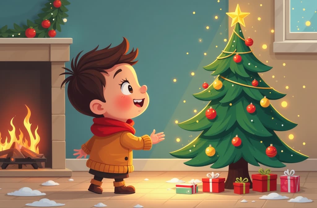  flat illustration, flaticon, (illustration:1.15), a character looking at a decorated christmas tree with a warm smile ar 3:2, [cory loftis, strobist, pascal campion :: 0.2]