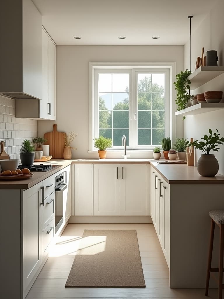  high quality portrait photo of a bright, airy small kitchen with white cabinets, open shelving, and a large window, showcasing clever storage solutions and a compact island, shot from a high angle hyperrealistic, full body, detailed clothing, highly detailed, cinematic lighting, stunningly beautiful, intricate, sharp focus, f/1. 8, 85mm, (centered image composition), (professionally color graded), ((bright soft diffused light)), volumetric fog, trending on instagram, trending on tumblr, HDR 4K, 8K