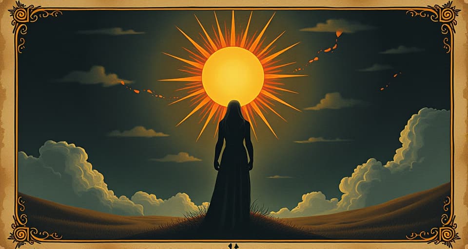  sun's energy flowing through a figure, darkness transformed into light, harmony prevailing, uplifting mood. an illustration in the style of a worn, mystical old tarot trump card, mysterious and elements of surrealism. the colors are muted, somber and eerie, but with contrast bring out an occult and esoteric vibe.