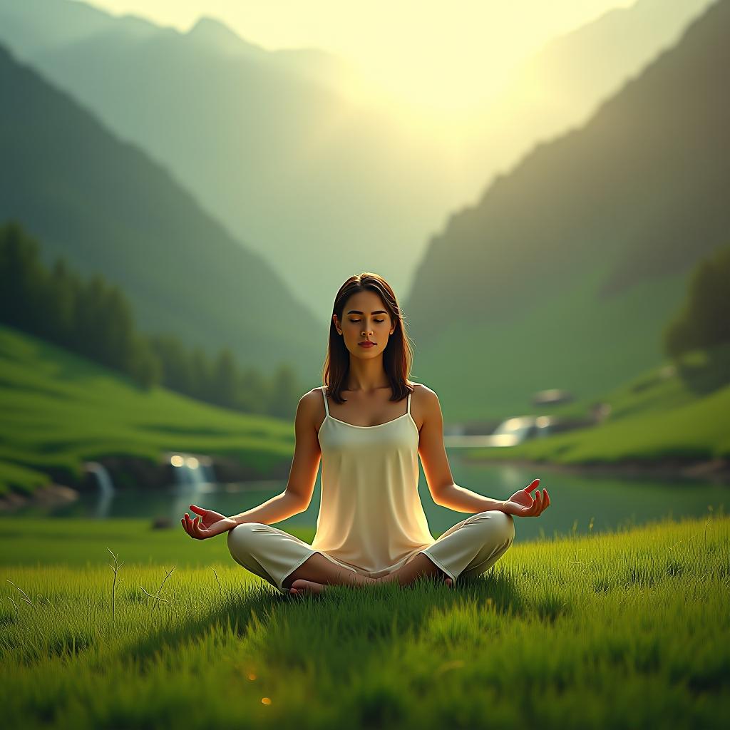  "a green meadow surrounded by mountains, the sun illuminating the glade. a woman in a white dress meditates in a lotus pose, the air filled with golden light. in the background, there is a small waterfall." details of the hands, legs, and face.