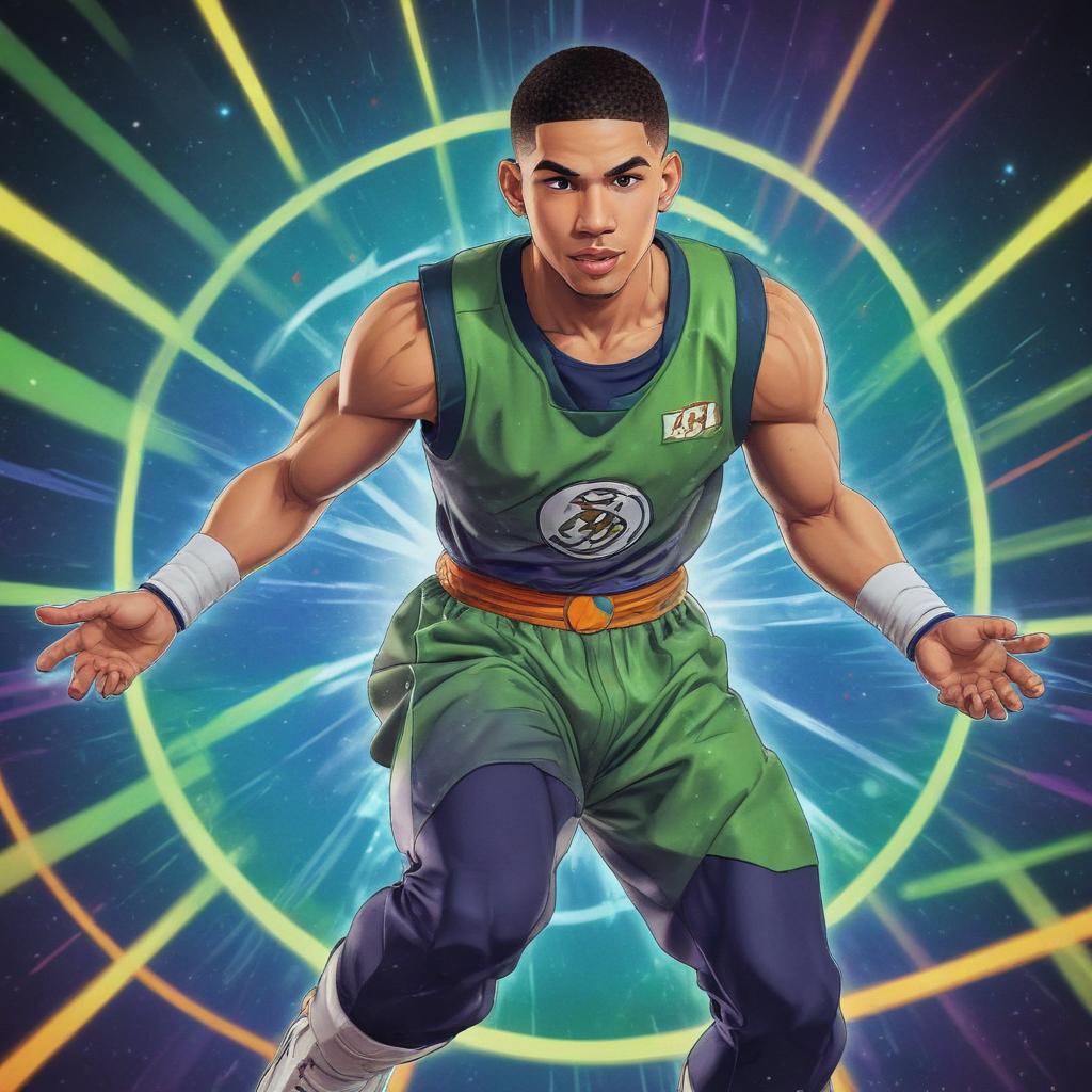 distance-shot, flashy, full-body, dynamic, holographic, animated cartoon poster of jayson tatum in the style of dragon ball super