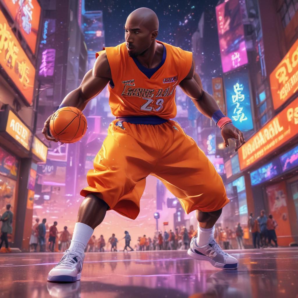 distance-shot, flashy, full-body, dynamic, holographic, animated cartoon poster of kobe scene in the style of dragon ball super