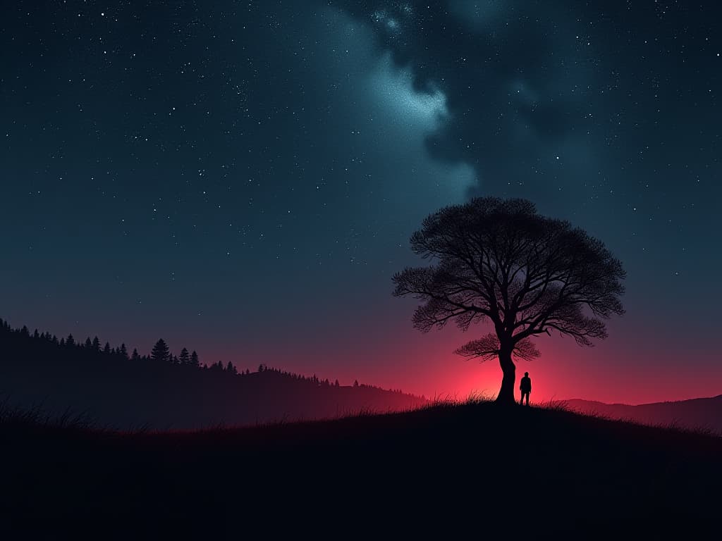  open field under night sky, silhouetted lone tree, stars forming a serene canopy, world fading away. the style is digital art illustration / modern comic book / graphic dark novel fantasy and mysterious occult, symbolic, moody lighting, esoteric vibe,high detail on character design. for the color scheme emphasize blacks and reds.