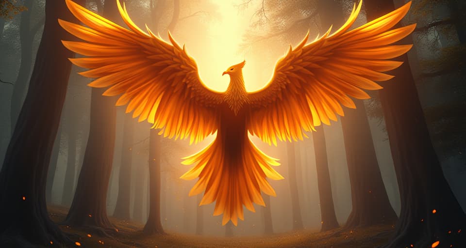  a majestic phoenix rising from a glowing, enchanted forest. the bright light around the phoenix signifies hope and the promise of a better future.. the style is digital art illustration,highly detailed, whimsical,magical, dreamlike atmosphere, realism and fantasy blend, smooth, glossy textures,luminous quality, wonder and enchantment.