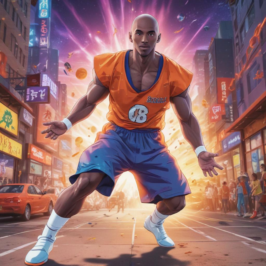 distance-shot, flashy, full-body, dynamic, holographic, animated cartoon poster of kobe scene in the style of dragon ball super