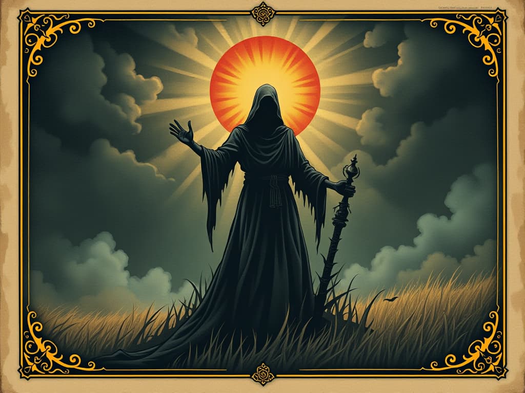  figure removing dark object, sense of release, shadow lifting, light breaking through. an illustration in the style of a worn, mystical old tarot trump card, mysterious and elements of surrealism. the colors are muted, somber and eerie, but with contrast bring out an occult and esoteric vibe.